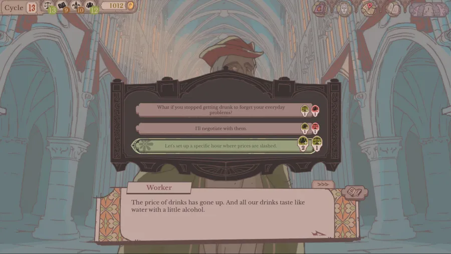 Sovereign Tower choice screen showing dialogue options in the Round Table hall