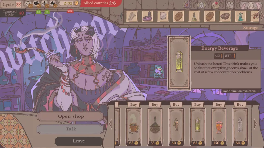 Sovereign Tower shop screen with equipment and consumable choices